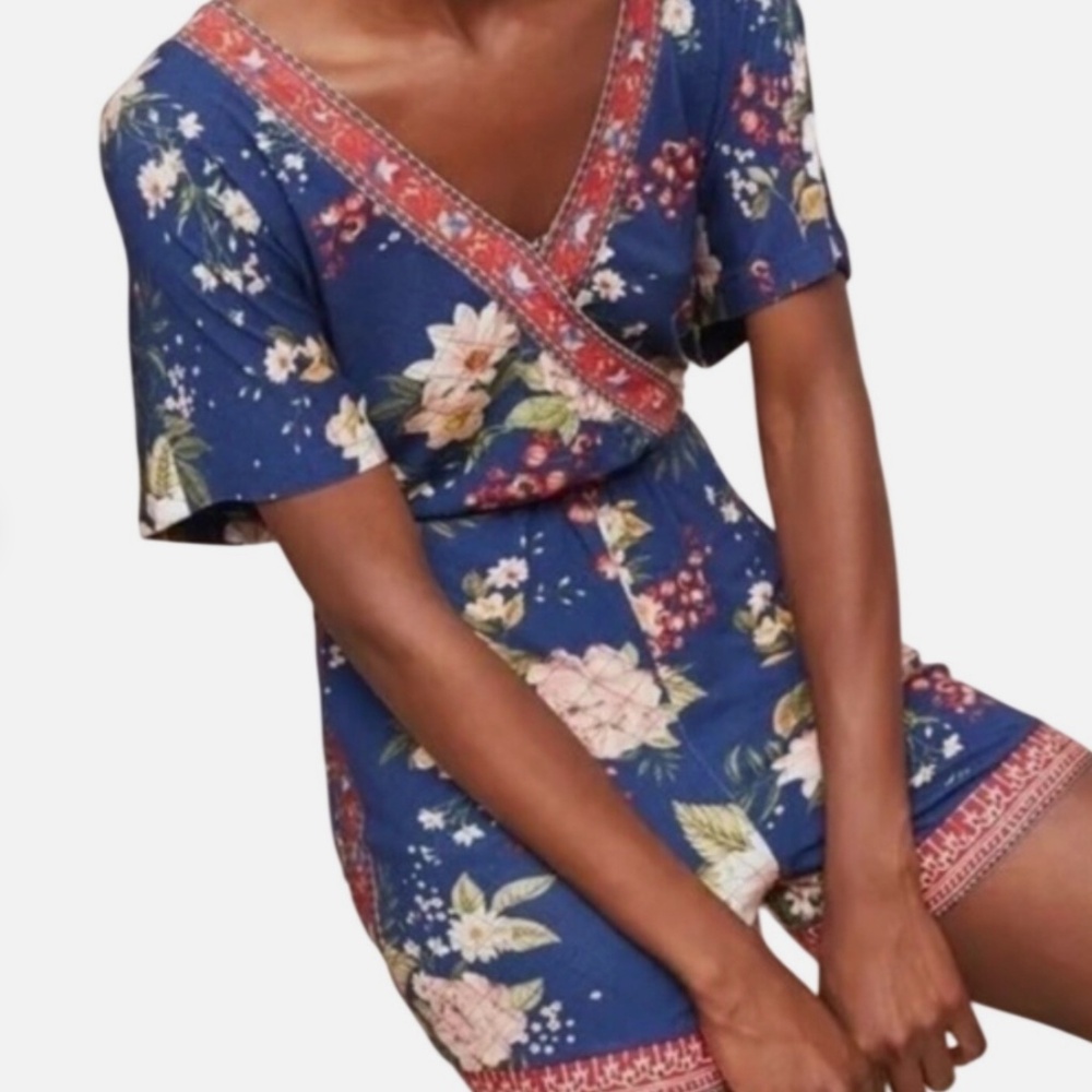 Farm Rio for Anthropologie size S Floral Romper Shorts Elastic Waist Summer